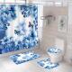 浴帘聚酯纤维印帘防水浴帘玫瑰蝴蝶防滑垫浴室四件