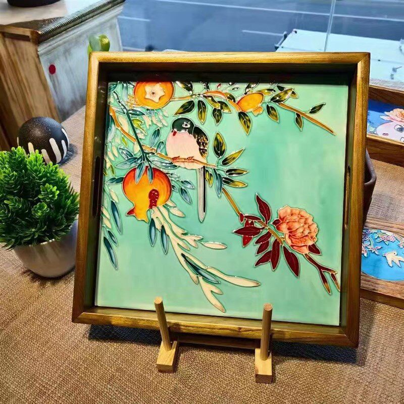 两河手绘立体浮雕瓷板画陶瓷盘茶盘卉鸟茶盘瓷板画非遗