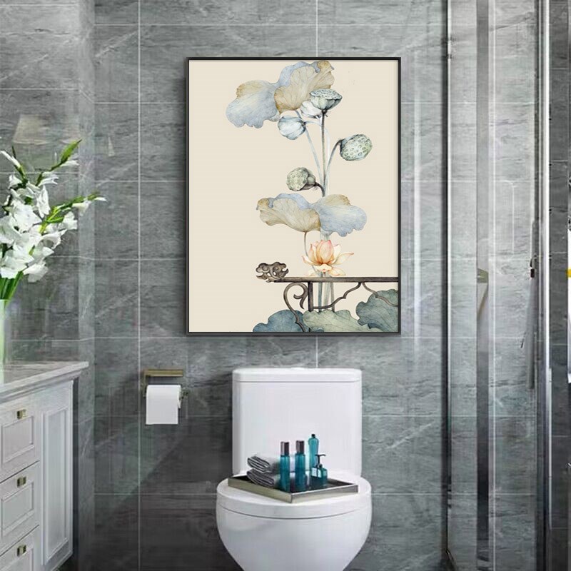 网红中式卫生间装饰画所荷花洗手间厕免打孔挂画浴室马桶上方防水图片