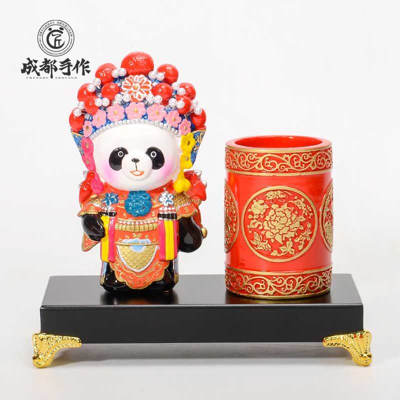 成都手作 熊猫笔筒 非遗泥塑工艺品 书房办公饰 中