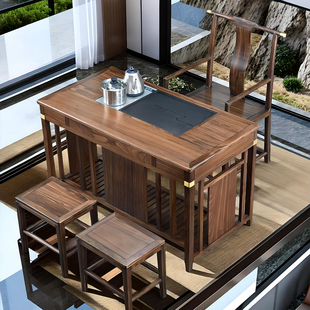 朴房新茶桌阳台小茶台书实木乌金石一体桌椅厚重
