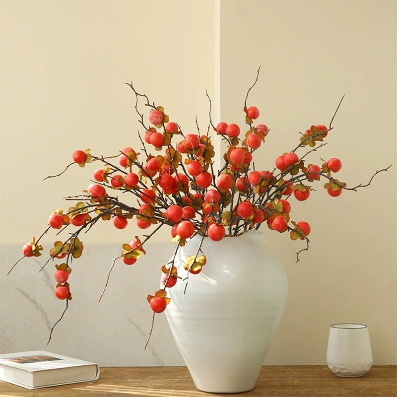 仿真柿子串浆果红果假花摆设客厅餐桌装饰品插花艺干枝树枝小植物