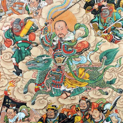 雷祖雷公画像 九天应元雷声普化天尊 神像挂画 卷轴丝绸画已装裱