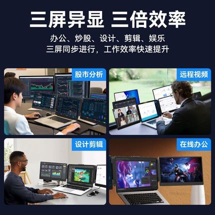 HO笔记本电脑扩展屏幕便携式显示器三折叠外接拓展炒股副分屏