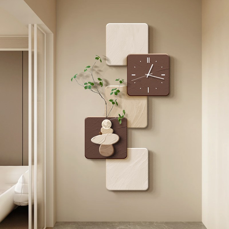 侘寂风玄关装饰画挂钟高级感走廊尽头壁灯画时来运转客厅挂画钟表