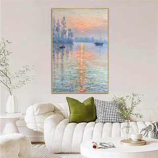 手绘油画莫奈日出印象油画装 饰画高级感风景入户玄关现代挂画