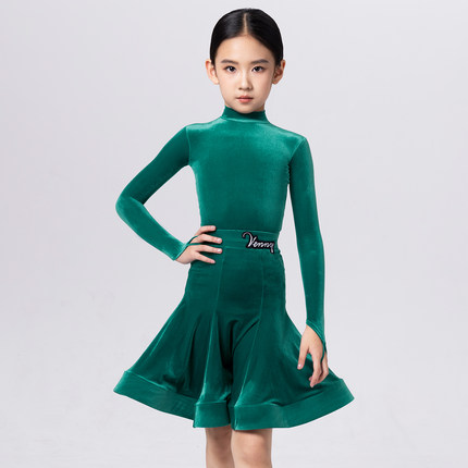 Venny薇妮拉丁舞服女儿童比赛规定服高领超薄丝绒演出服国标黑池