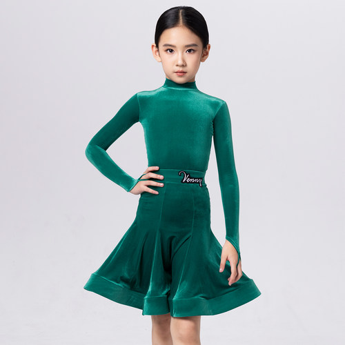 Venny薇妮拉丁舞服女儿童比赛规定服高领超薄丝绒演出服国标黑池