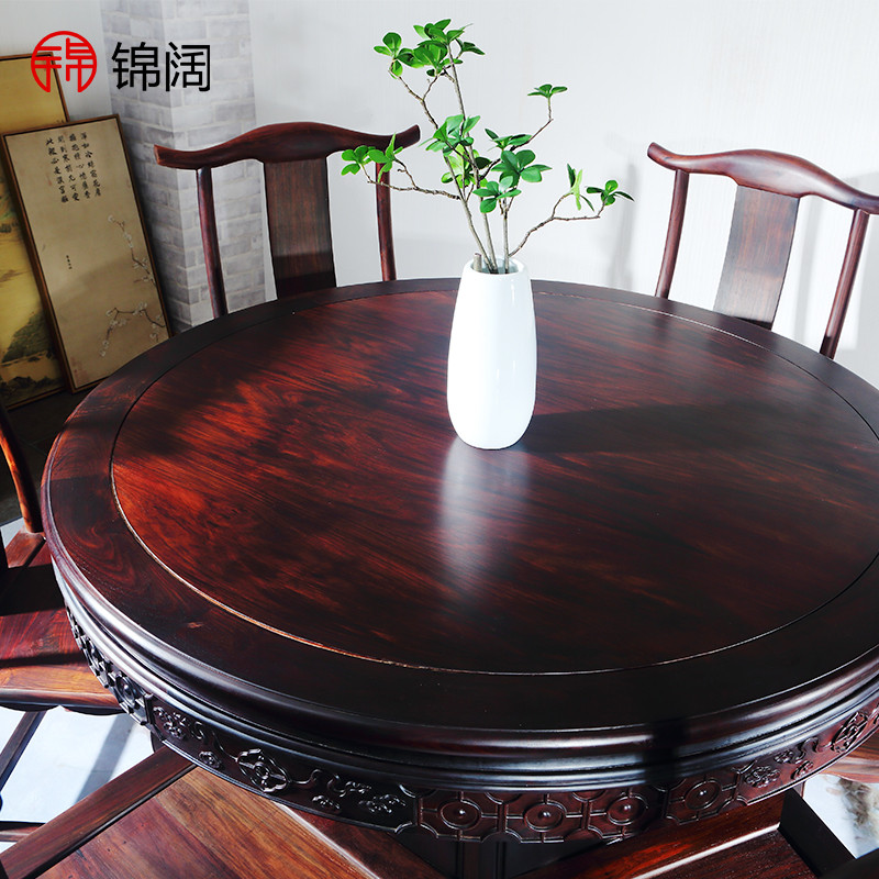 老挝大红酸枝具 新实木转盘圆桌交趾黄檀桌子红木餐桌