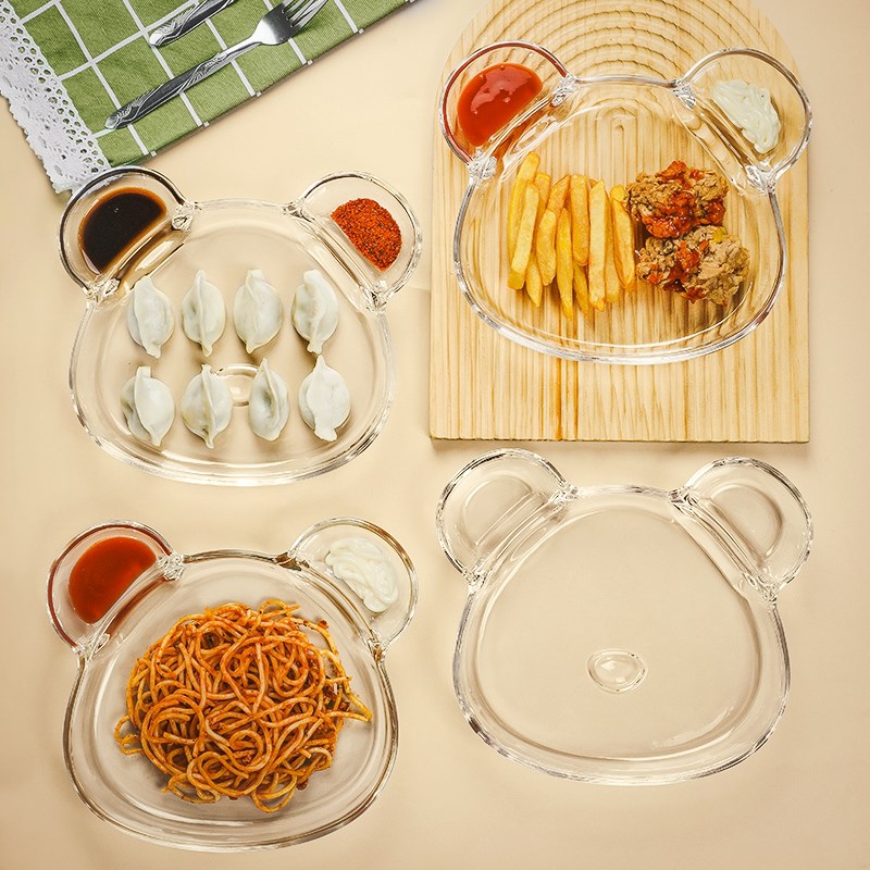 小熊玻璃果盘带醋碟饺子盘家用儿童面碗网红创意餐盘2024新款盘子