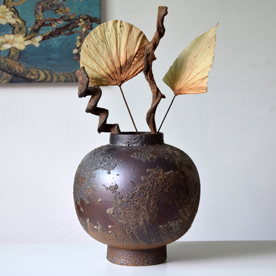 侘寂风复古粗陶瓶客厅玄关水培插器大肚圆形陶罐