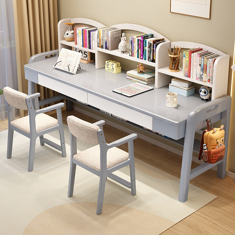 儿童书桌书架一体实木人学习桌家用卧室中小学生书桌椅子