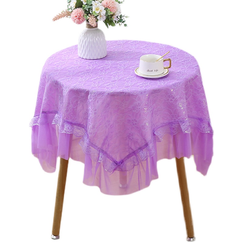 桌布茶几餐桌布方桌圆桌多用盖巾床头柜盖布防尘罩紫色蕾丝