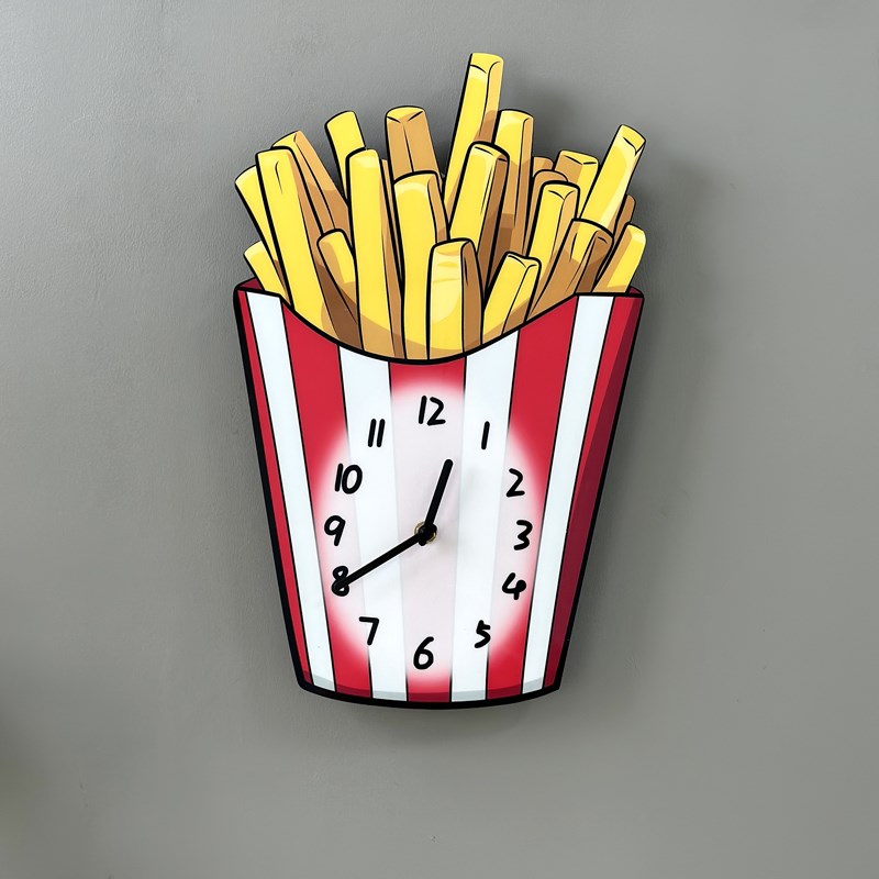 薯条创意卡通时钟披萨快餐炸鸡店装饰钟表家用静音免打孔个性挂钟