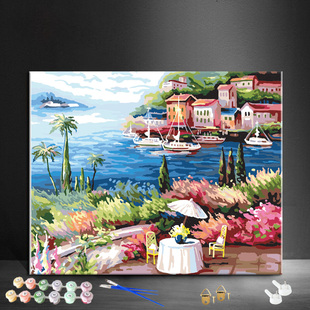 田园山水风景数字油画自绘di填色手绘海油彩画房子碧游仙居