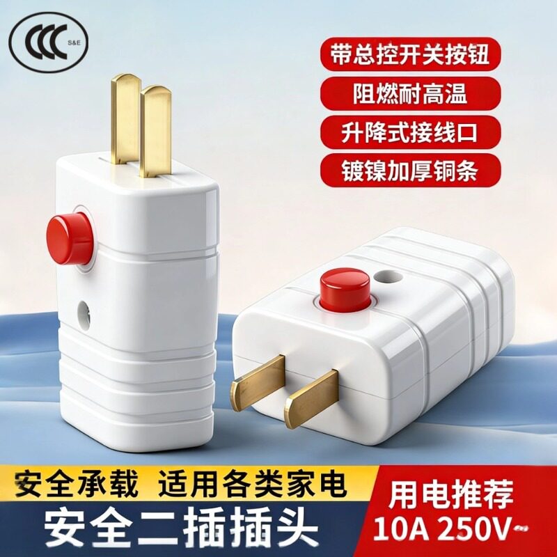 新款纯铜带开关按钮10A二扁插头250V两脚接线电源插头二极插2500W