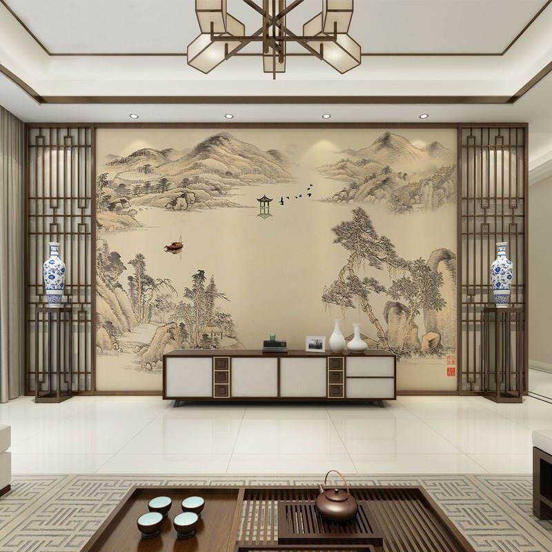 复古中国风山水画电视背景墙纸新中式沙发远山壁画3d墙贴茶室壁布