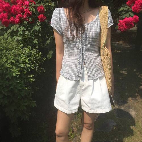 韩国chic 夏日 荷叶边 单排扣短袖 格子衬衫
