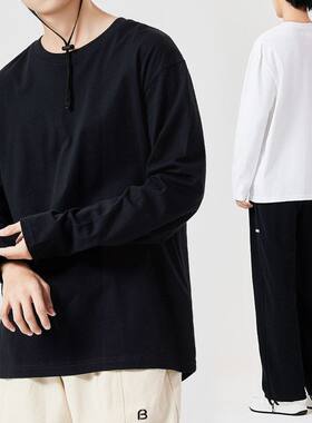 日系风纯色纯棉长袖t恤男秋季圆领套头上衣男士ins早秋内搭打底衫