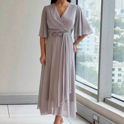 2025欧美女装亚马逊新款欧美v领褶皱连衣裙跨境时尚纯色长裙温柔