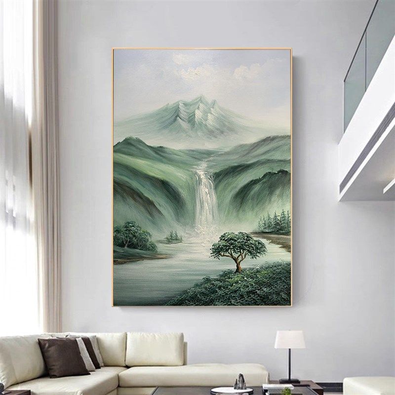纯手绘油画淡泊流水生财客厅背景挂画别墅山水风景玄关装饰画
