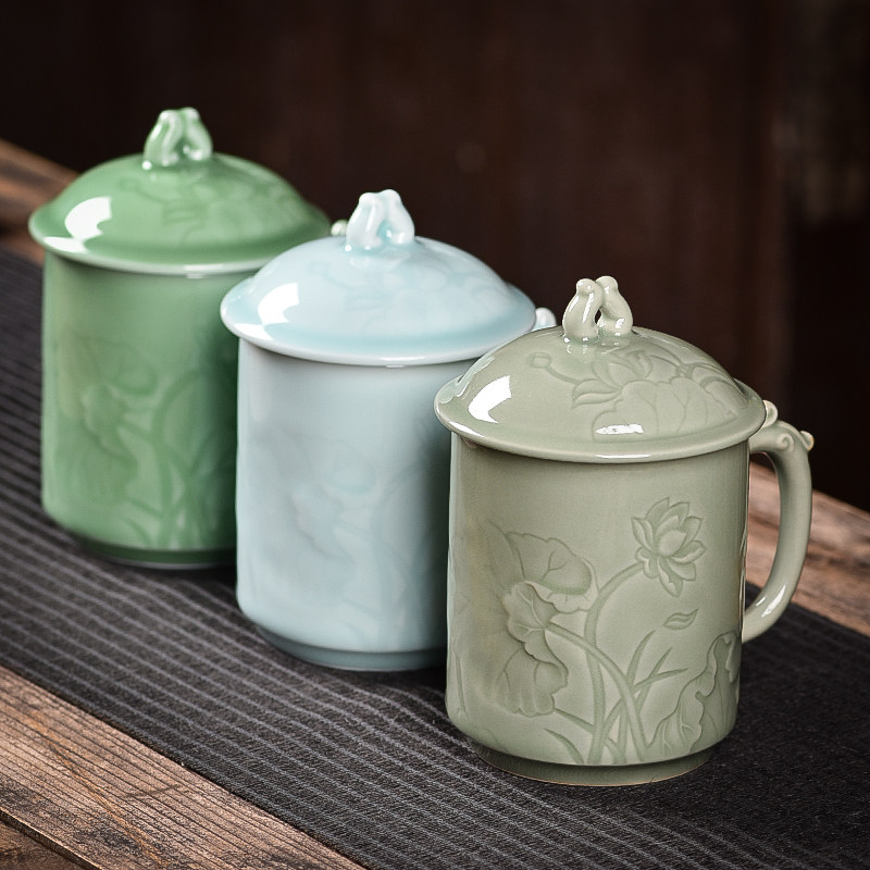 青瓷茶杯陶瓷办公室水杯越窑青瓷马杯单杯陶瓷杯带盖会议杯,餐饮具,茶杯,淘宝优惠券,粉丝福利购,淘宝优惠卷