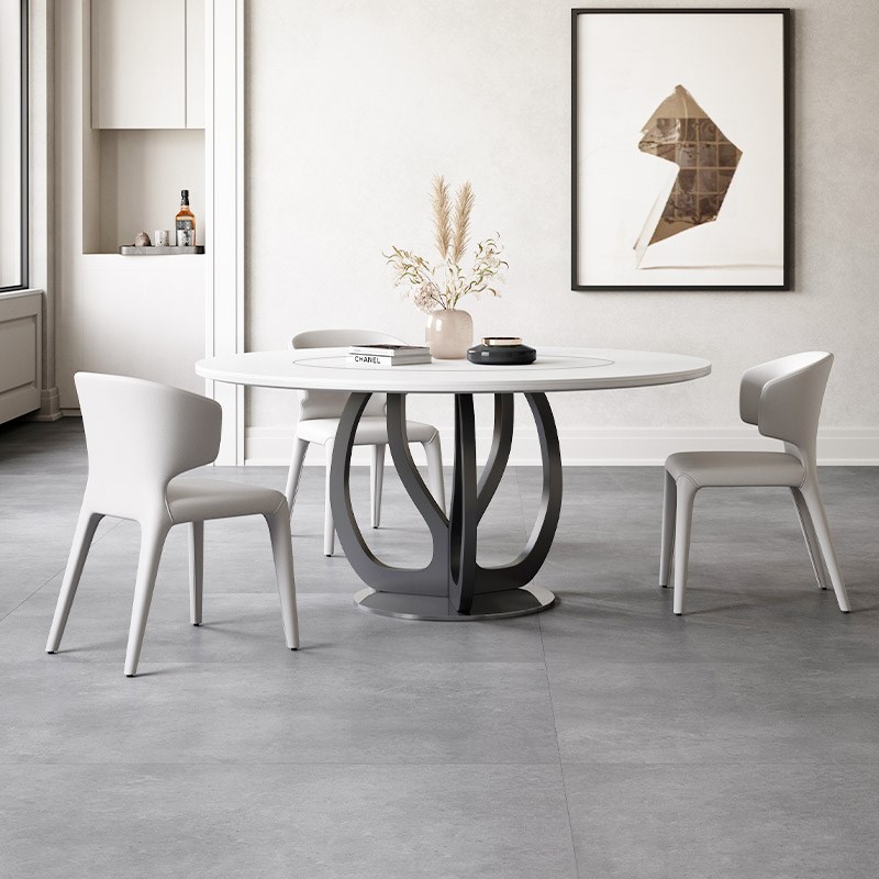 德利丰岩板圆桌餐桌带转盘升级全托底板家用8人圆形纯白岩板餐桌