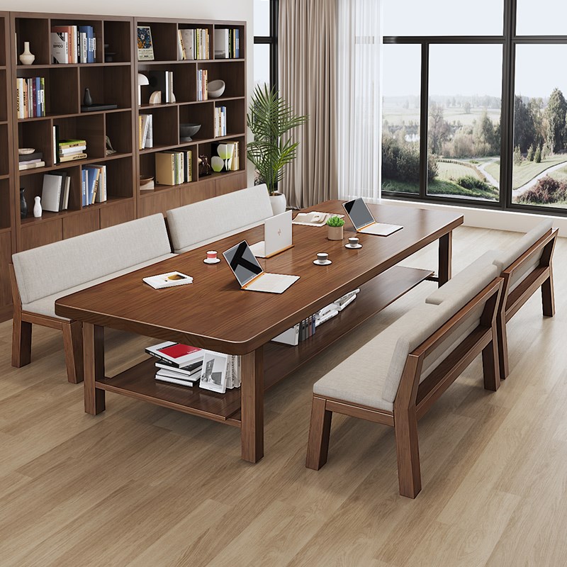 客厅实木大长书桌书柜一体阅读学习桌写字桌家用长桌子工作台