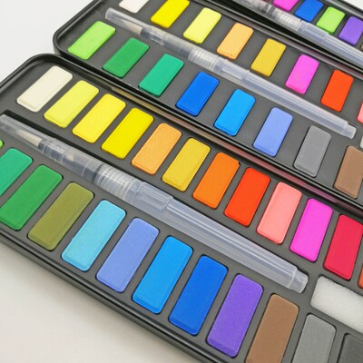 色固体水彩水粉颜料携便学生美术装初学者水洗无毒小铁盒颜料
