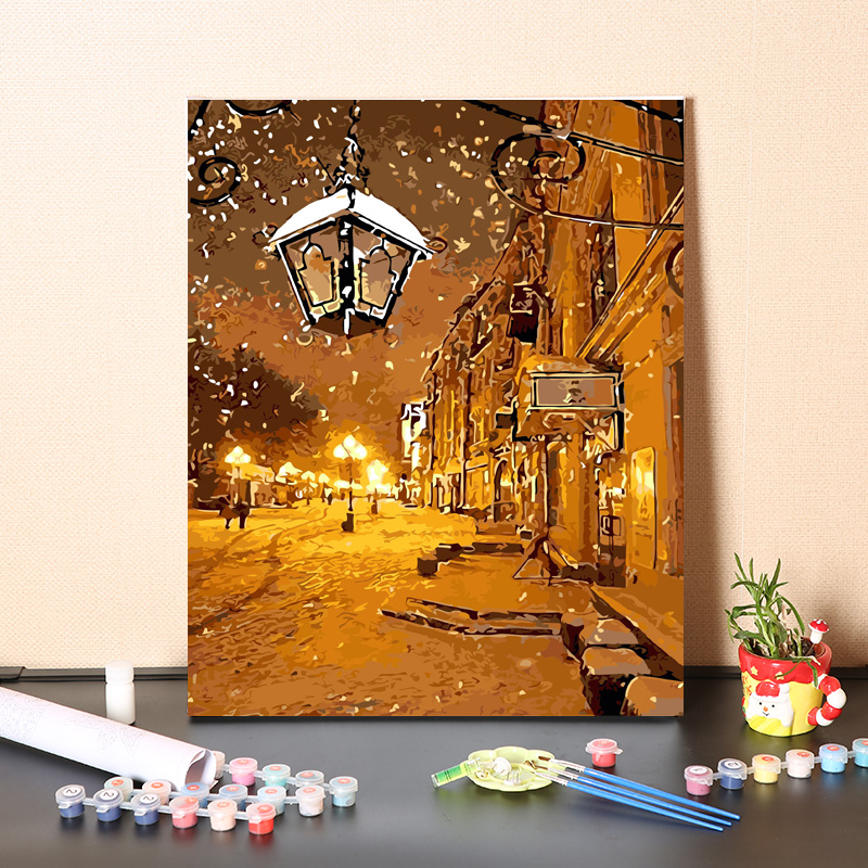 数字油画diy手工填充冬天城市雪景手绘消磨时间画画涂色油彩画