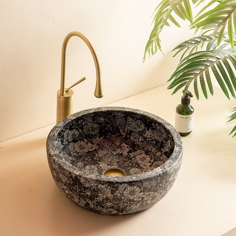 复古台上盆圆形陶瓷洗手盆单盆中式阳台水盆家用卫生间洗脸盆艺术