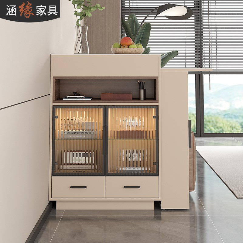 奶油风可伸缩吧台桌家用酒柜隔断柜客厅餐边柜中岛台沙发边柜71