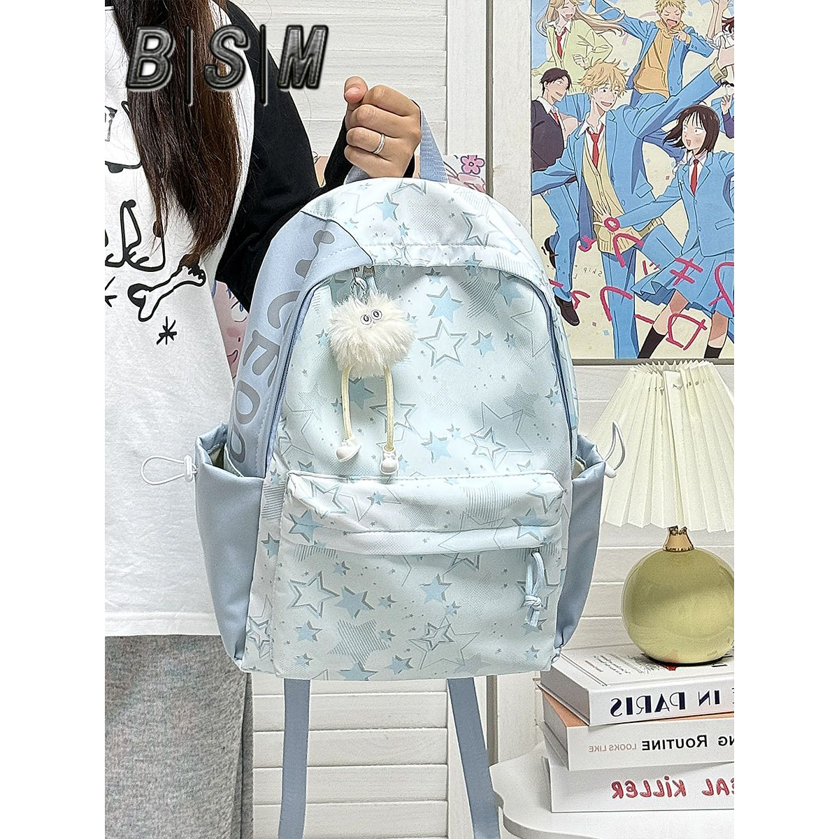 浅蓝色星星书包女生ins风小众少女感高中生上课双肩包