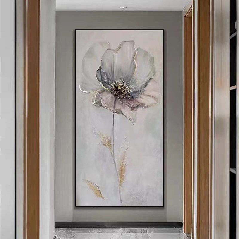 手绘油画淡雅牡丹玄关竖挂画装饰画客厅走廊现代壁画