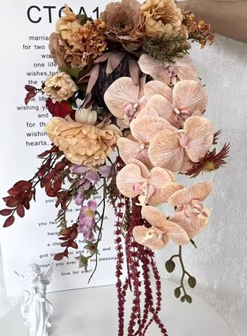 油画瀑布手捧 红色蝴蝶兰束 新娘结婚仿真欧式婚礼摄影道具