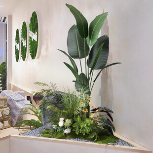 仿真石头造景酒店角落园景仿生草堆室内绿植景观