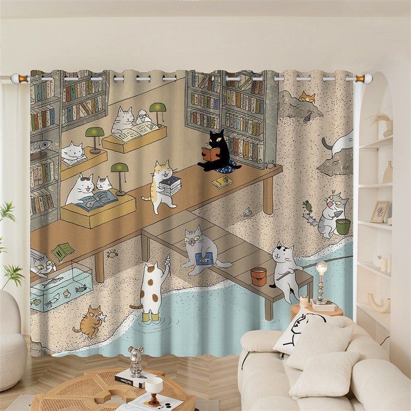 猫小姐插画天鹅绒加厚卧室客厅保暖挂钩寝室高遮光打孔定制窗帘布,居家布艺,定制窗帘,淘宝优惠券,粉丝福利购,淘宝优惠卷
