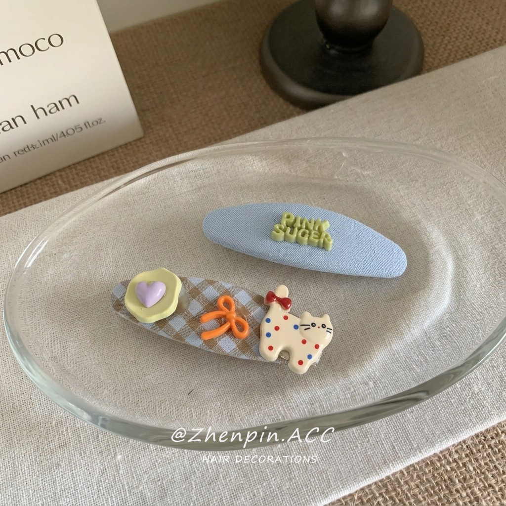 2026韩版卡通凯蒂猫发夹bb夹甜美侧边碎发椭圆一字刘海夹格纹发饰