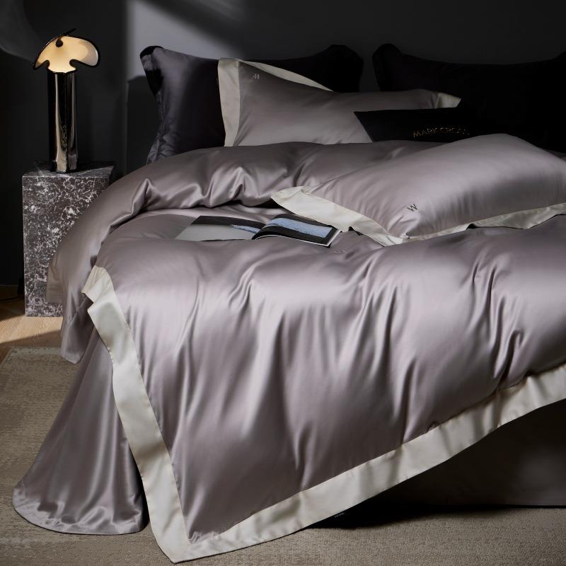 高端别墅140支双股超级长绒棉四件套简约刺绣被套床单1.8床上用品