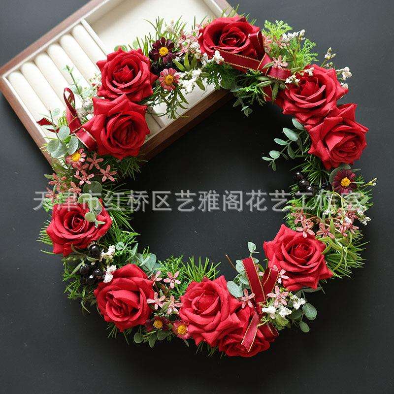 亚马逊跨境婚礼派对宴会装饰品悬挂式门楣装饰藤条花环红色