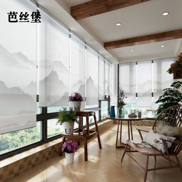 新中式卷帘窗帘升降软帘子隔断屏风拉帘遮光透明挂式办公室山水画