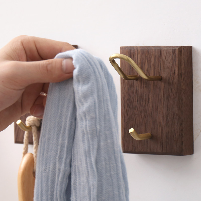 实木挂钩免打浴室毛巾黄铜挂钩玄关客厅壁挂衣钩创意单钩衣架