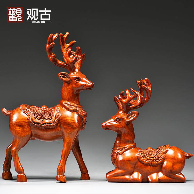 花梨木雕梅花鹿摆件家居客厅玄关麋鹿木质工艺品桌面摆设酒柜装饰