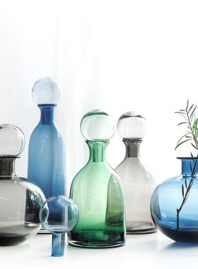 北欧蓝色灰色带盖玻璃瓶摆件花瓶样板房简约家居创意装饰绿色花器