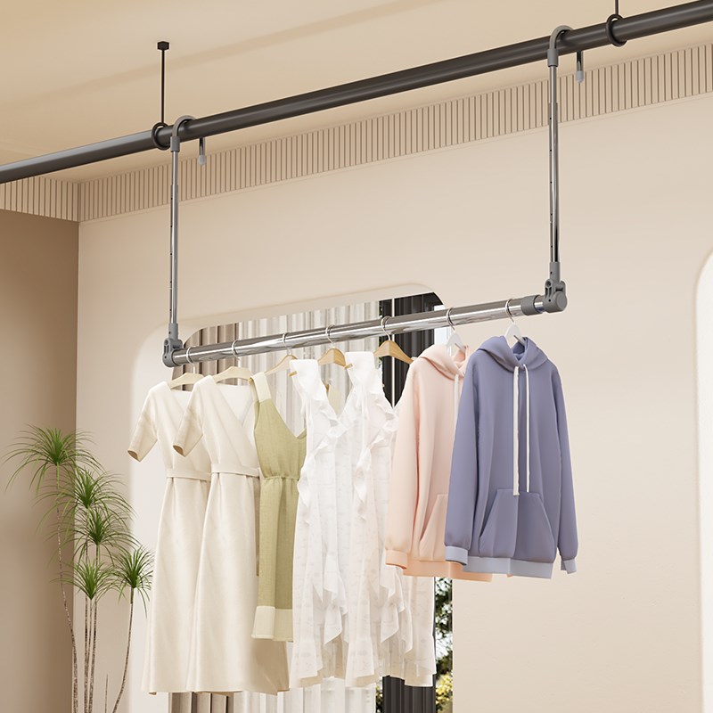 不锈钢晾衣架家用阳台伸缩晾衣杆可调多功能升降单杆卧室折叠架子