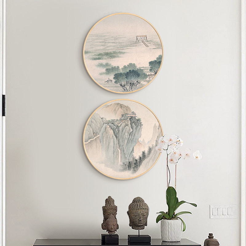 现代新客厅装饰画 沙发背景墙壁画 水墨山水国画圆形挂画