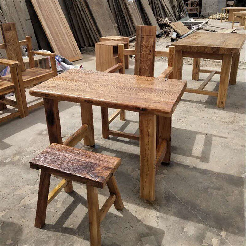 复古老榆木八仙桌正方形餐桌椅农家乐仿古吃饭桌茶桌