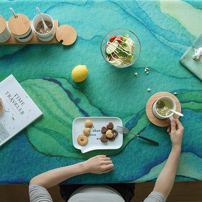 新绿色水彩田园餐桌布艺台布茶几垫布桌垫长方形圆桌布棉麻桌巾
