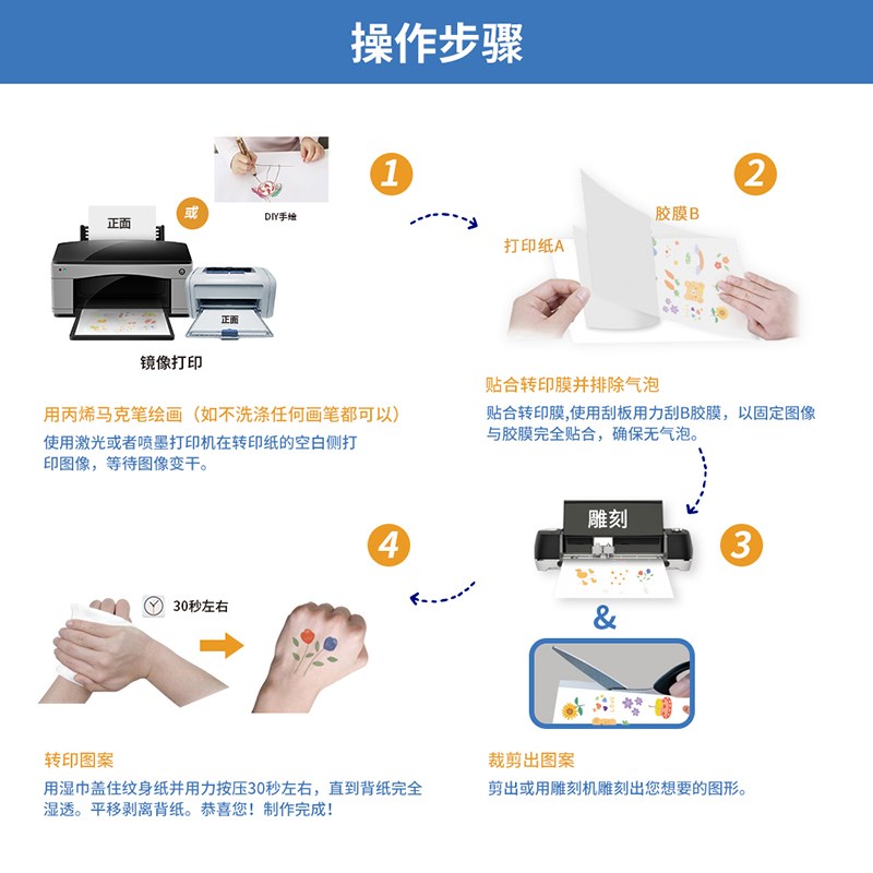 卡影手工 纹身(手绘激光喷墨)水转印纸彩色儿童用安全
