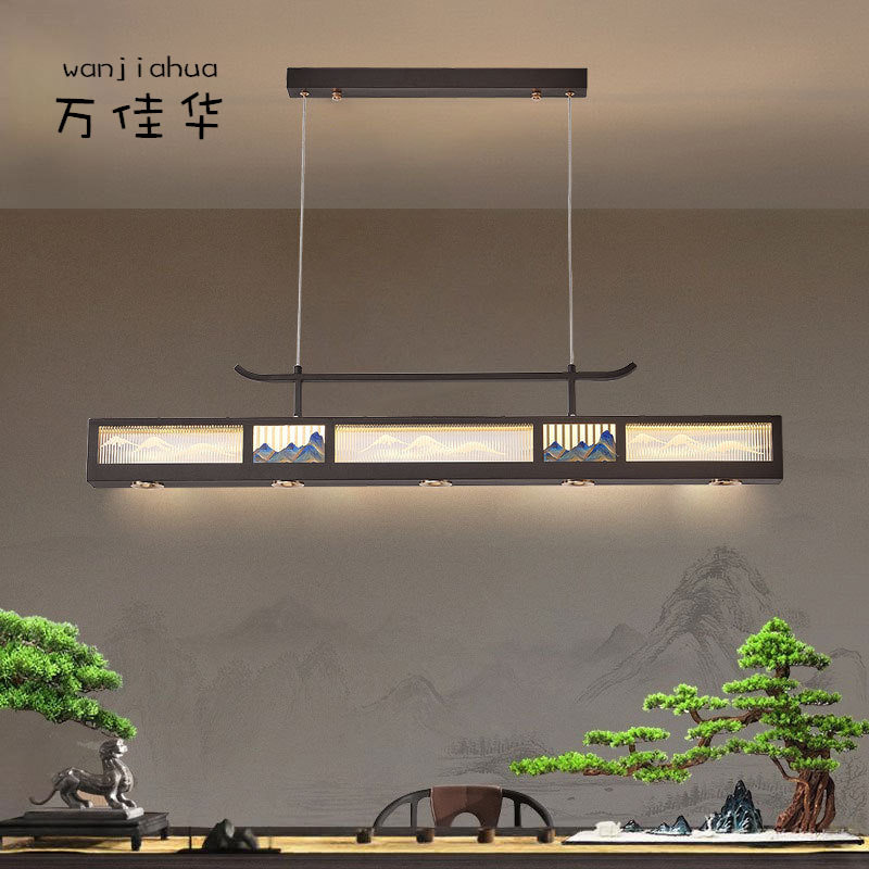 景行新中式LED禅意长条餐厅吊灯